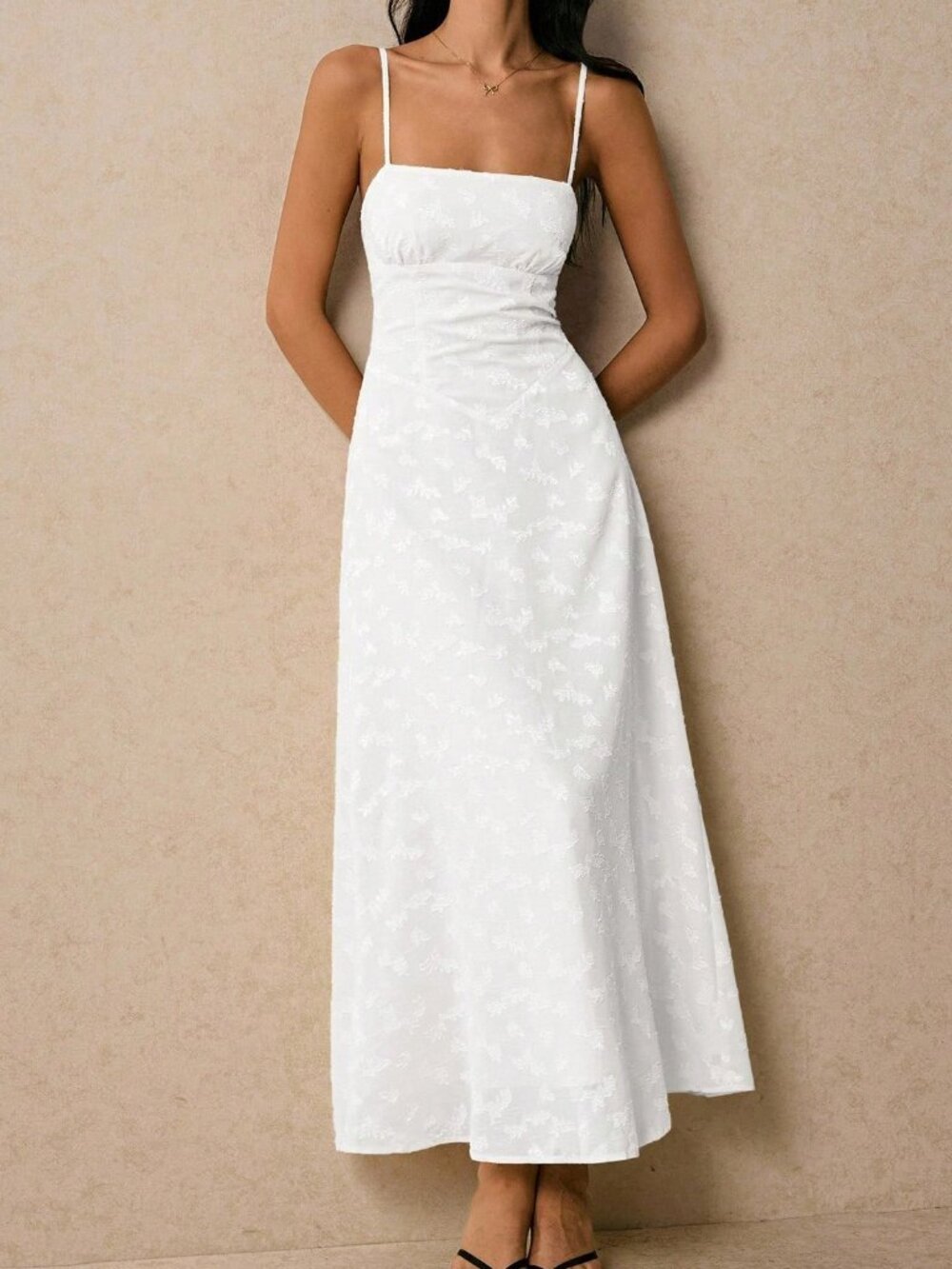 White Elegant Women's Jacquard Waisted Slip Midi Dress